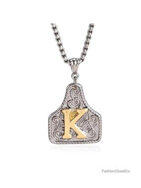 Western Initial Necklace Cow Tag Pendant Adjustable Country Rodeo Jewelry